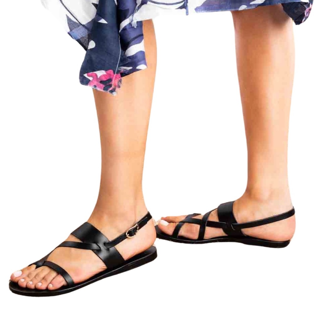 Ancient Greek Sandals Black Leather Strappy Flat Sandals